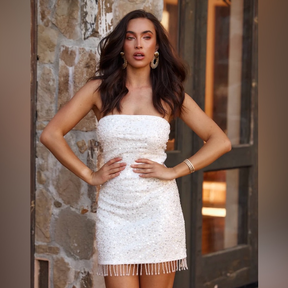 White sequin fringe mini dress